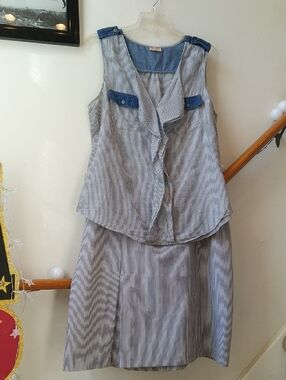 Blue and White Striped Sleeveless Midi Set with Denim Accents